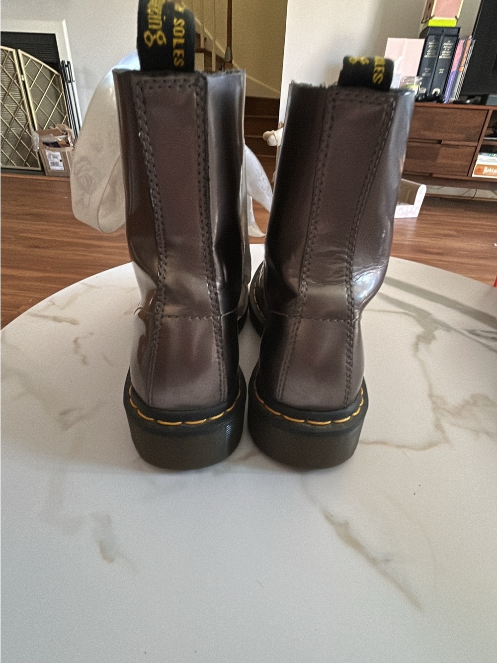 Dr. Martens metallic Gray Leather Combat Boots with White Laces - Picture 4 of 7